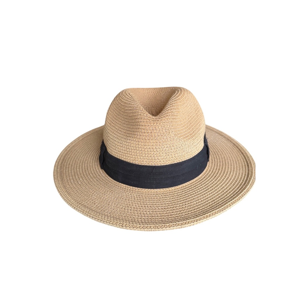 Solar Escape Women Tan Straw Fedora Sun Hat Black Ribbon Band Adjustable